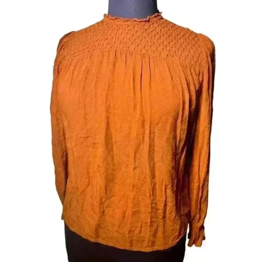Women's A New Day Long Sleeve Rayon Blouse Top Medium Beautiful Orange High Neck
